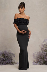 Black Mesh Floral Bardot Maternity Maxi Dress